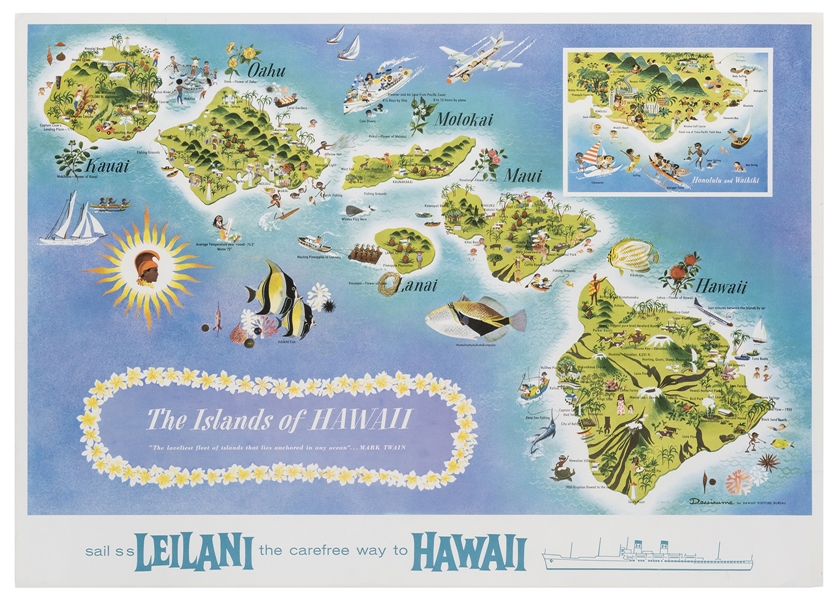  DESSIAUME. Leilani / Islands of Hawaii. 1960s. Poster map o...