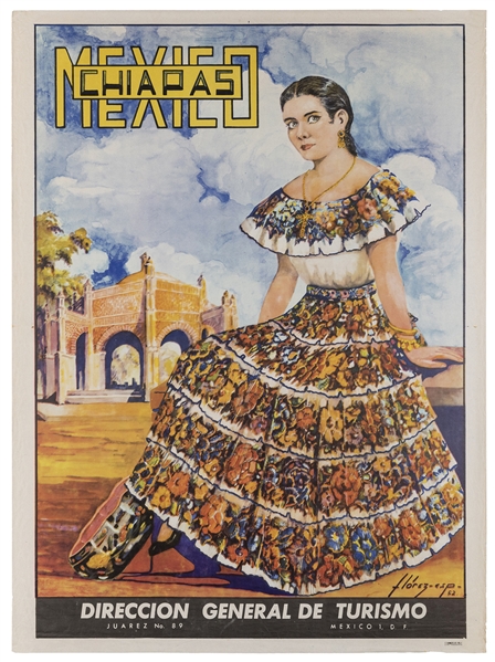  FLOREZ. Chiapas Mexico. 1952. Tourism poster of a beautiful...