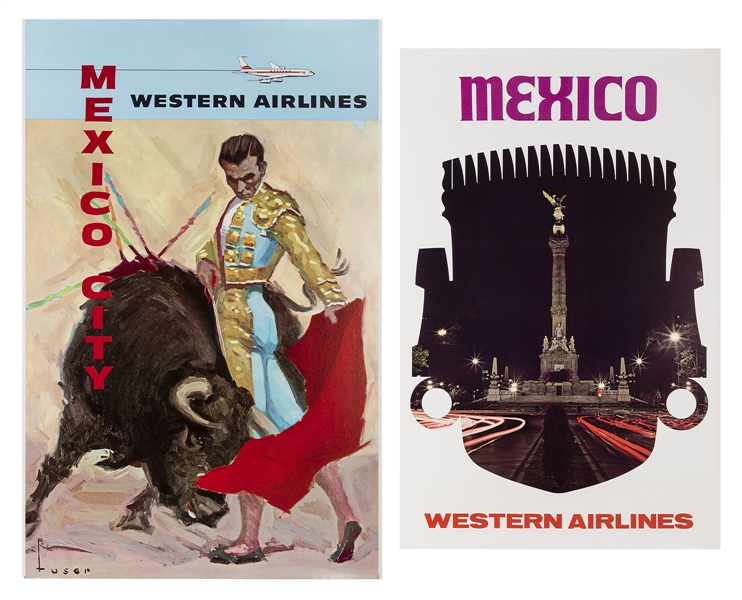  Western Airlines / Mexico. 1970s. Pair of airline posters a...