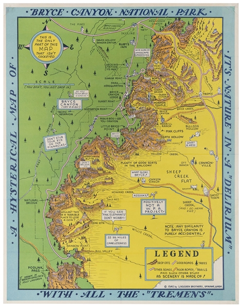  [NATIONAL PARKS] LINDGREN, Jolly. Hysterical Map of Bryce C...