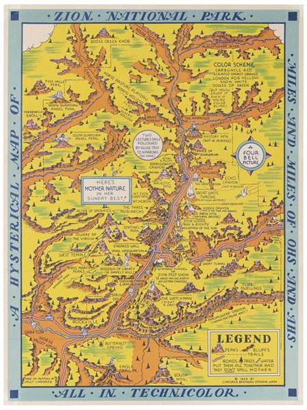  [NATIONAL PARKS] LINDGREN, Jolly. Hysterical Map of Zion Na...