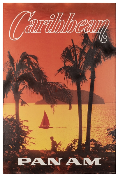  Pan Am / Caribbean. 1965. Airline poster with a sunset imag...