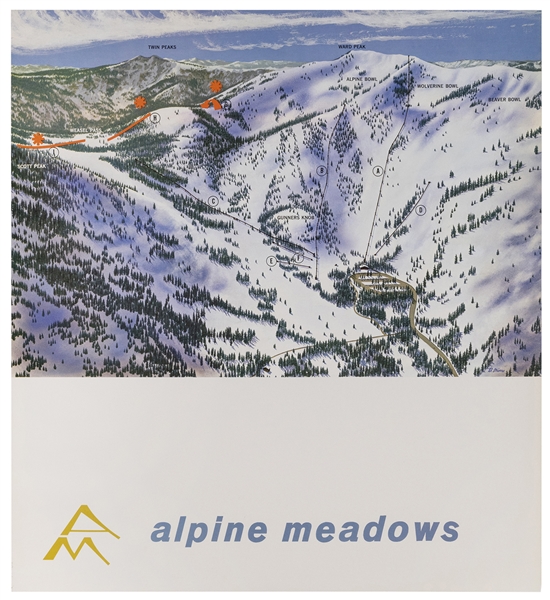  STIVERS, D. Alpine Meadows. Circa 1970. Ski map poster of t...