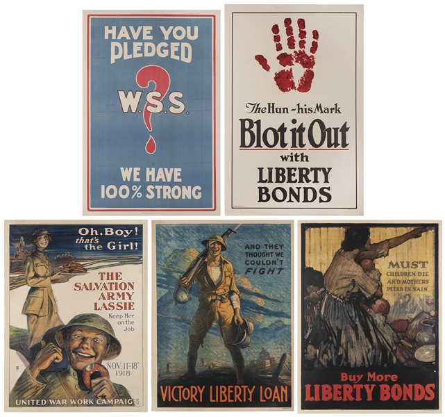  Five WWI One–Sheet Propaganda Posters. Including work campa...