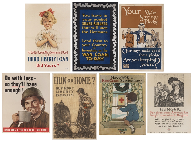  Seven WWI and WWII Propaganda Posters. American, 1940s. Inc...