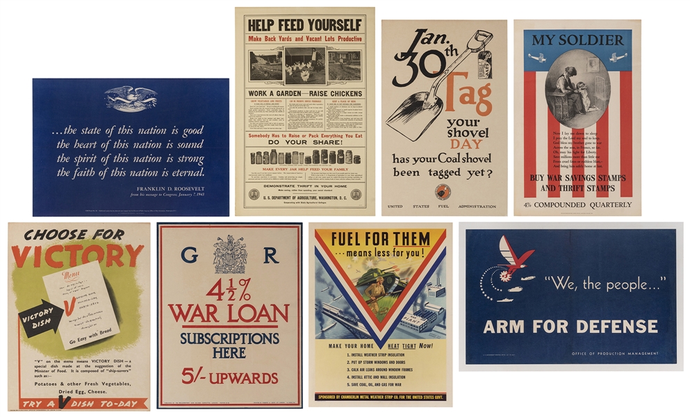  Eight WWII Propaganda Posters. Most American. Including adv...