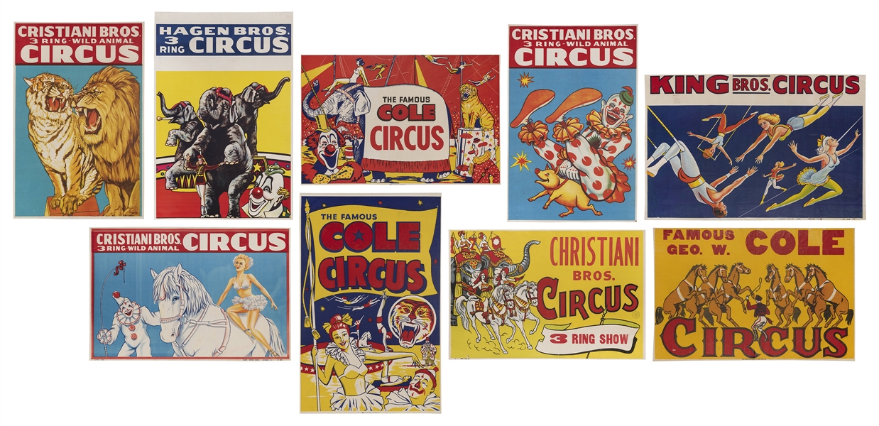  Lot of 9 Circus Posters. American, ca. 1950s/60s. Including...