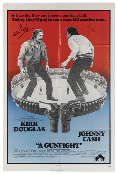  Johnny Cash and Kirk Douglas Signed “A Gunfight” Poster. Pa...