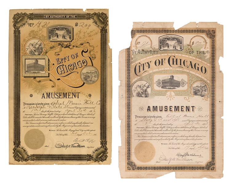  City of Chicago Amusement Licenses. 1892/95. Lithographed l...