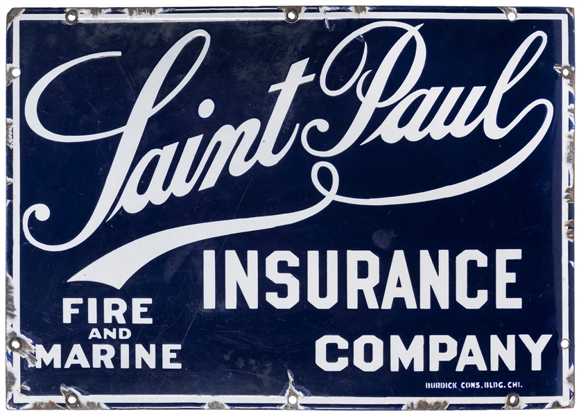  Saint Paul Insurance Co. Porcelain Sign. St. Paul, MN. 14 x...