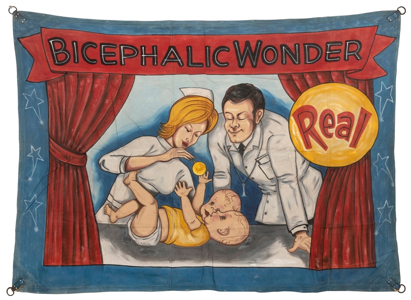  Bicephalic Wonder Sideshow Banner. Circa 1970s/80s. Painted...