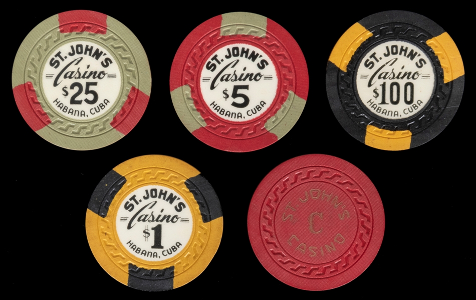  St. John’s Casino (Havana) Chip Lot (5). Including $1, $5, ...