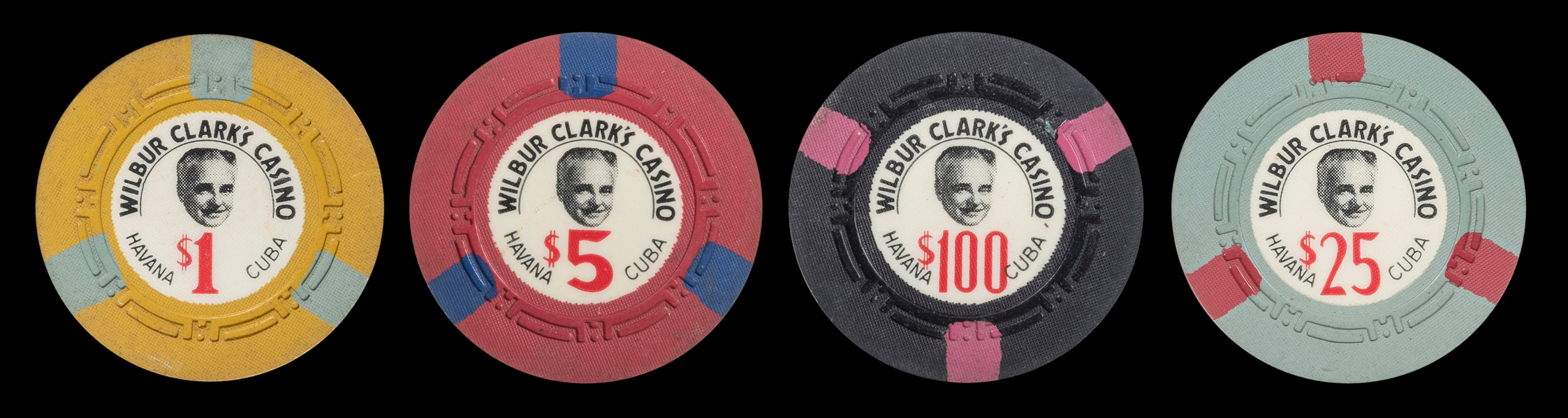  Wilbur Clark’s (Havana) Casino Chip Lot (4). Including $1, ...