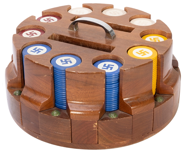  Swastika Design Poker Chips in Rotating Caddy. Circa 1920s....