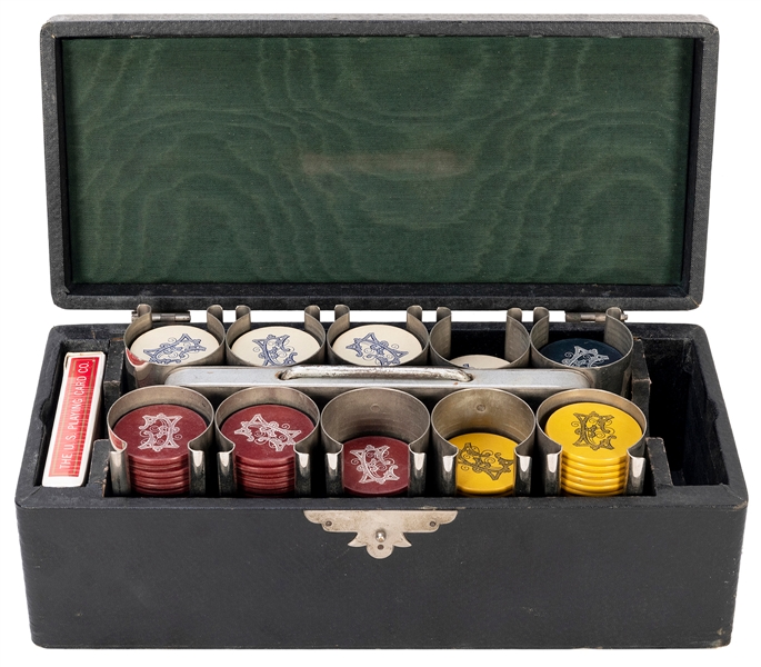  Cased Set of Fancy Monogrammed Poker Chips. Circa 1910s/20s...