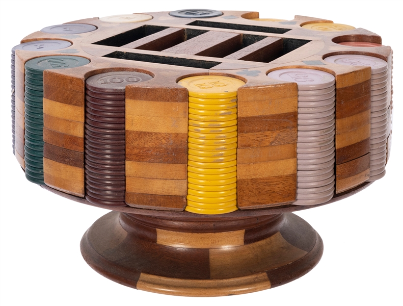  Poker Chip Caddy with Clay Chips. Parquet twelve-column cad...