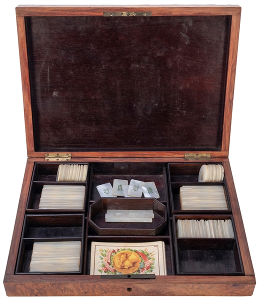  Cased Mother of Pearl Gaming Set. 19th century. Burl wood v...