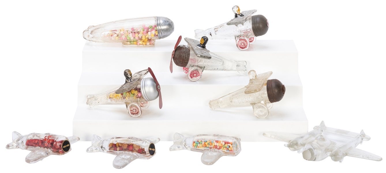  Group of 10 Airplane Related Glass Candy Containers. Severa...