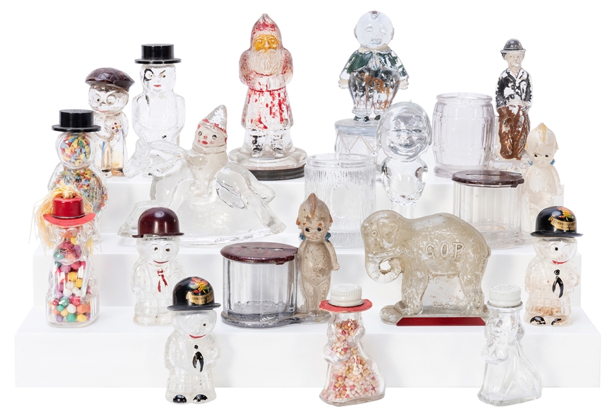  Group of 17 Glass Figural Candy Containers. Including: Happ...