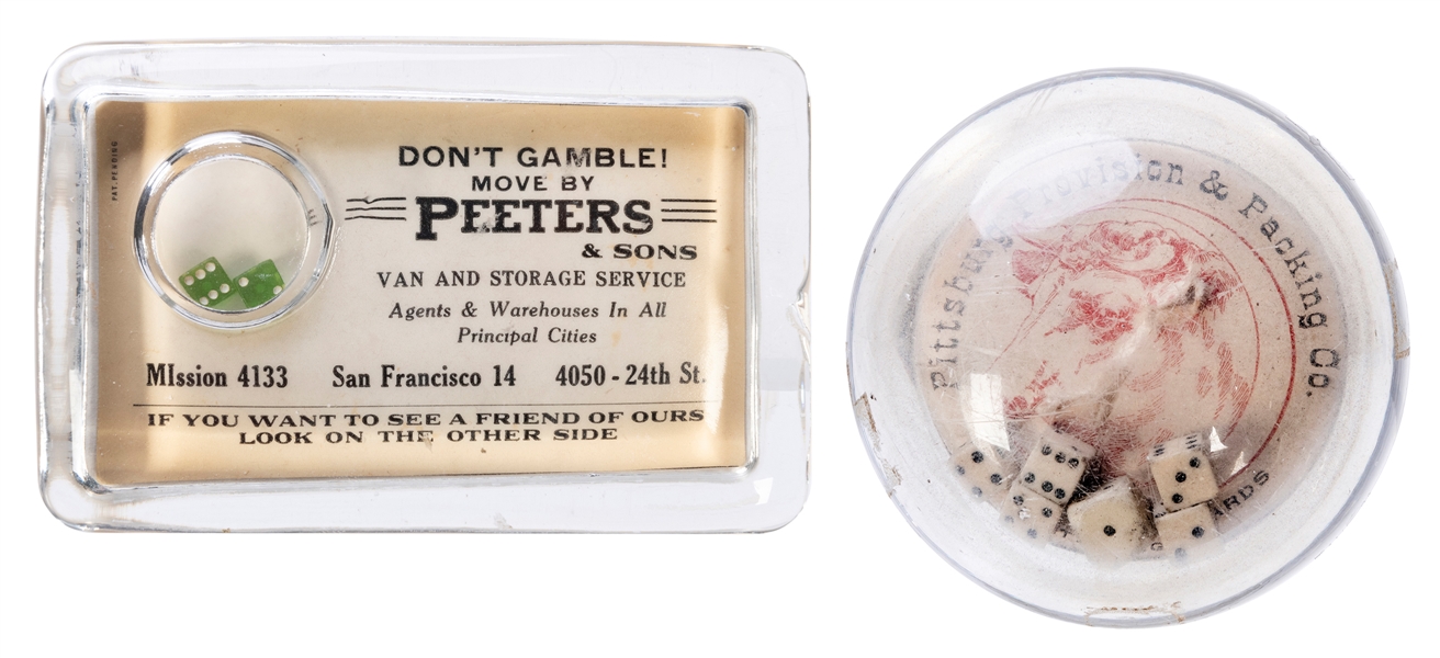  Pair of Advertising Dice Game Glass Paperweights. Including...
