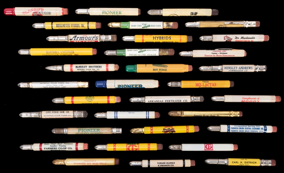  Group of 37 Celluloid Farmer Advertising Bullet Pencils. Ea...