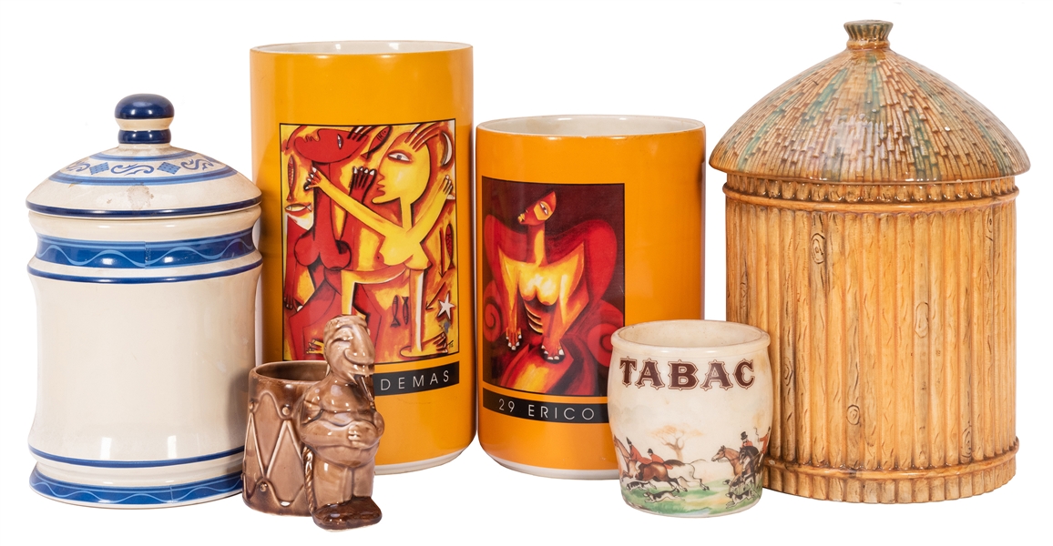  Six Ceramic Cigar Humidors, Cylinders, and Holders. Include...