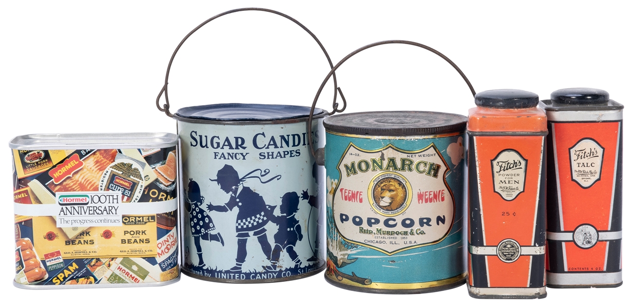  Group of 5 Advertising Tins. Including Monarch Popcorn, Fit...