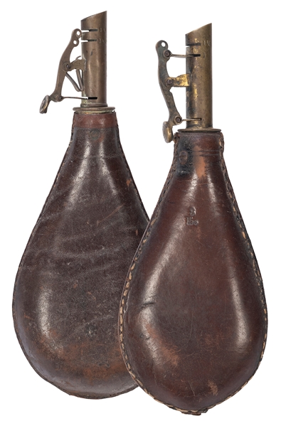  Pair of A.M. Flask & Cap Co. Leather Gunpowder Flasks. Incl...