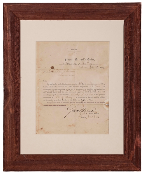  Civil War Draft Notice. Issued to Giles Van Buren of Albany...