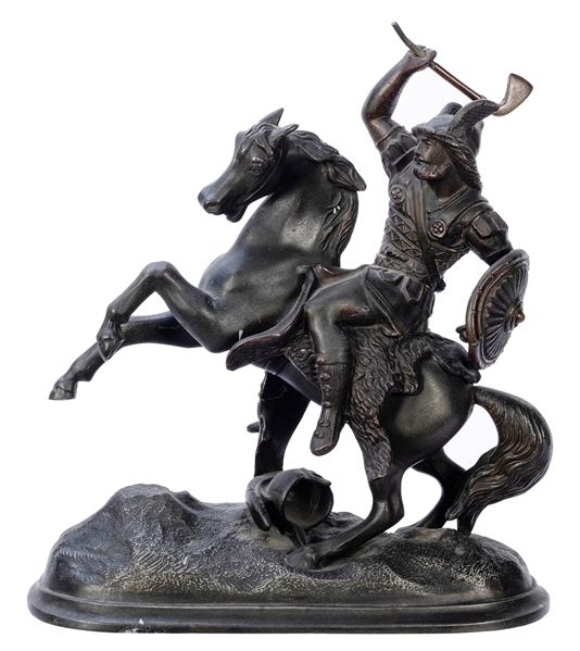  Cast Metal Spelter Figure of Man on Horse with Ax. Height 9...