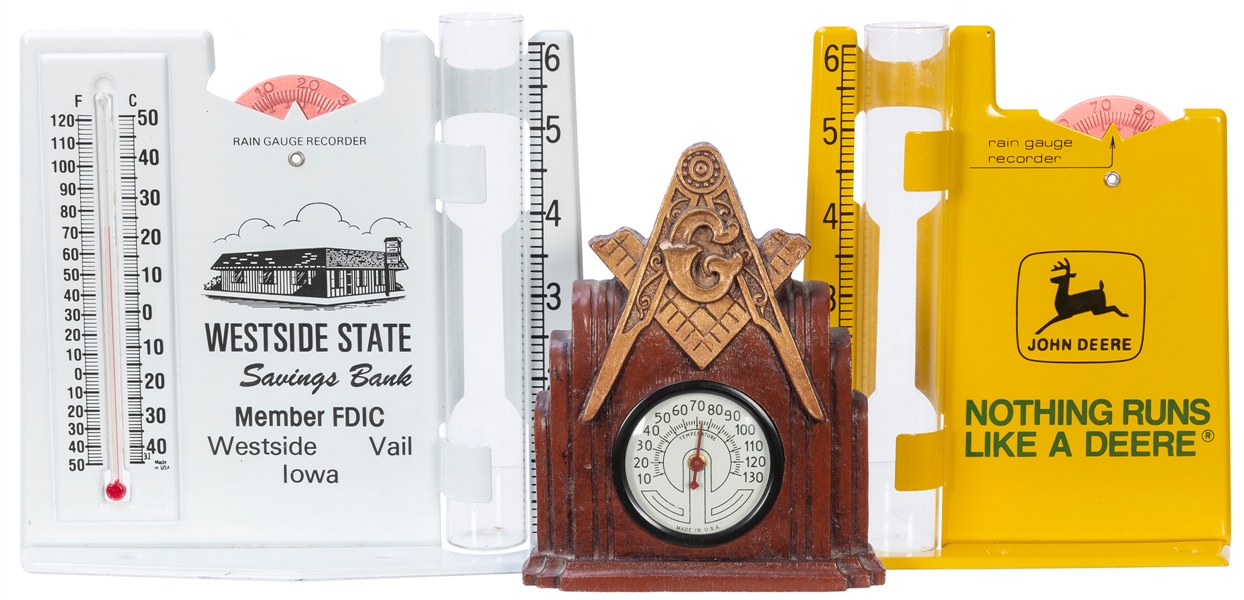  Trio of Thermometers and Rain Gauge Recorders. Including: C...