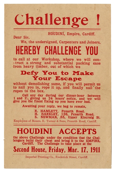  Houdini, Harry (Ehrich Weisz). Houdini Cardiff Packing Case...