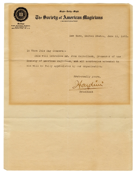  Houdini, Harry (Ehrich Weisz). Houdini Signed Letter of Int...