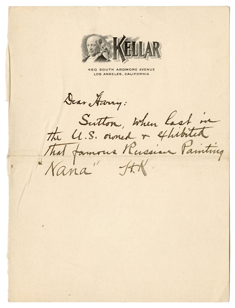  Kellar, Harry (Heinrich Keller). Harry Kellar ANS to Houdin...