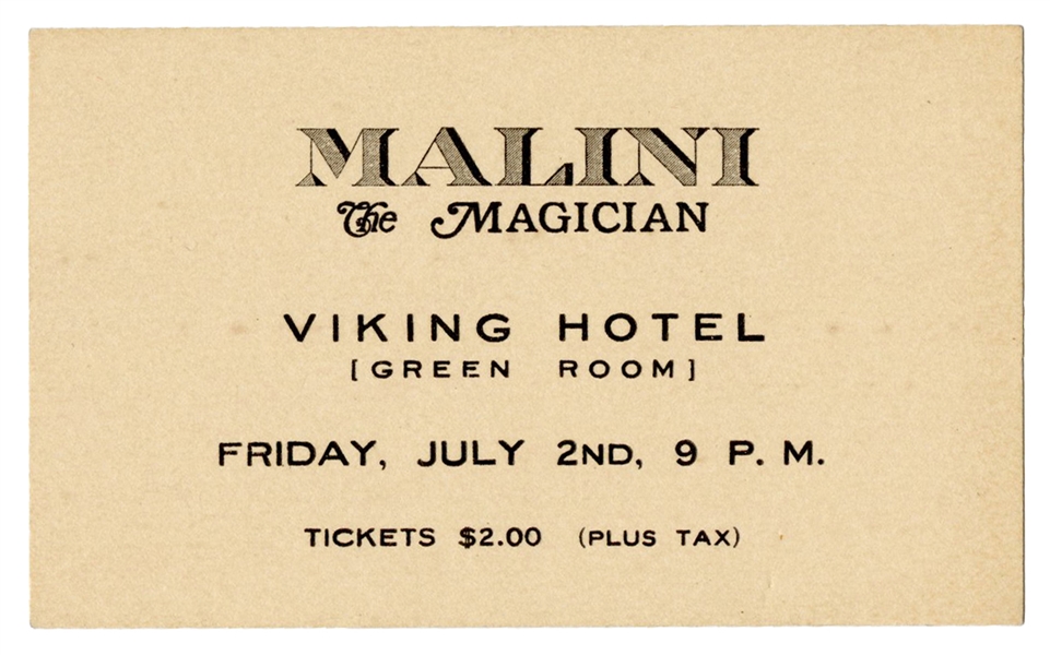 Malini, Max (Max Katz Breit). Max Malini Show Ticket. Circa 1930.