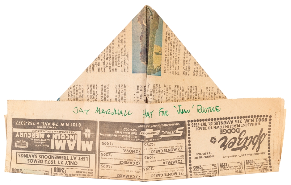  Marshall, Jay. Jay Marshall’s “Juan Escadero” Paper Hat. Fo...