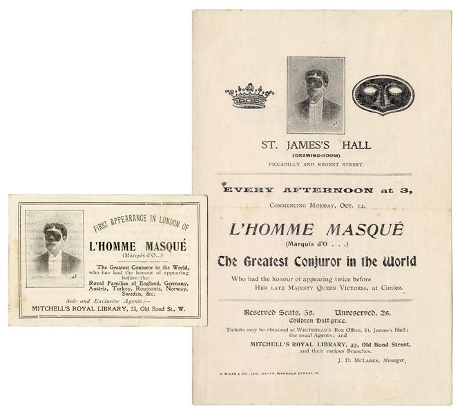  L’Homme Masque. St. James’s Hall Program and Ticket of L’Ho...