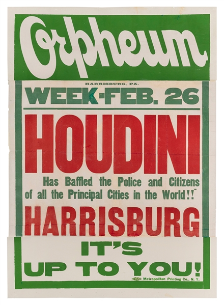  Houdini, Harry (Ehrich Weisz). Houdini Harrisburg Orpheum T...