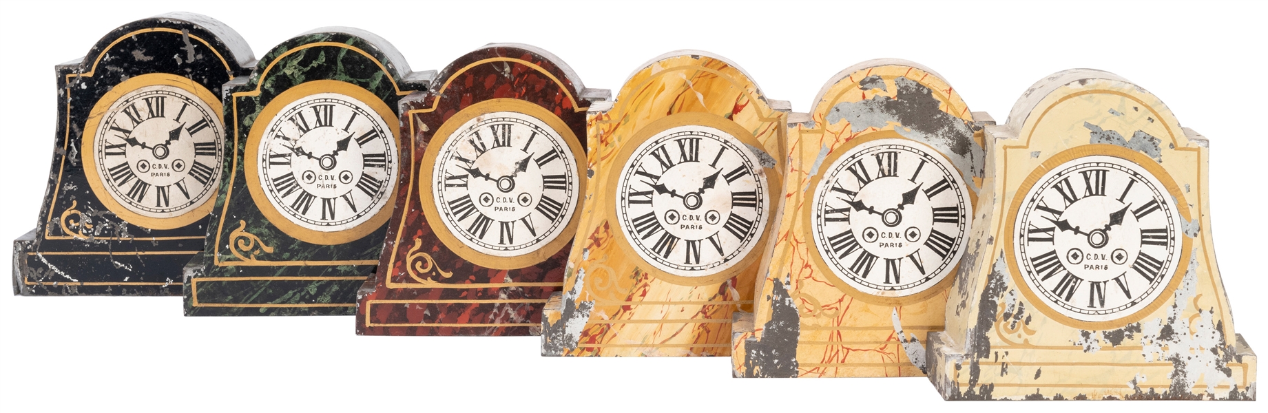  Production Clocks. French, 1880s. A set of six thin metal n...