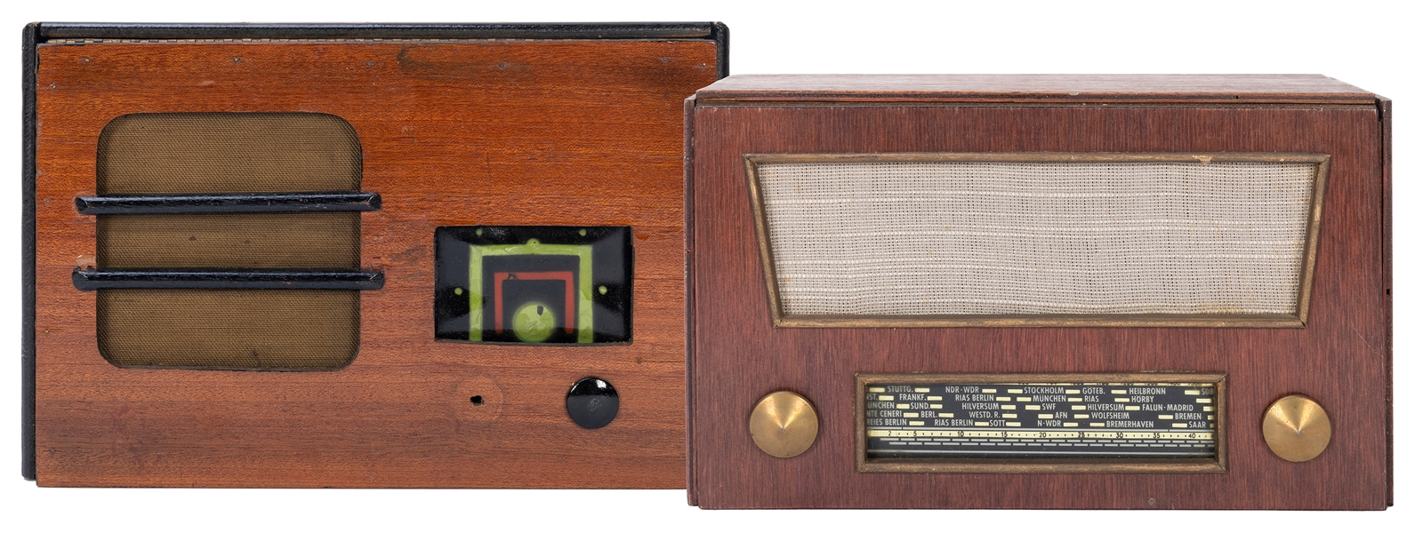  Vanishing or Appearing Radios. 1950s. A pair of wooden radi...