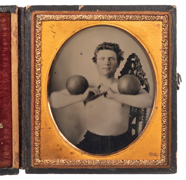 Sixth-Plate Ambrotype of a Strongman / Weightlifter with Ba...