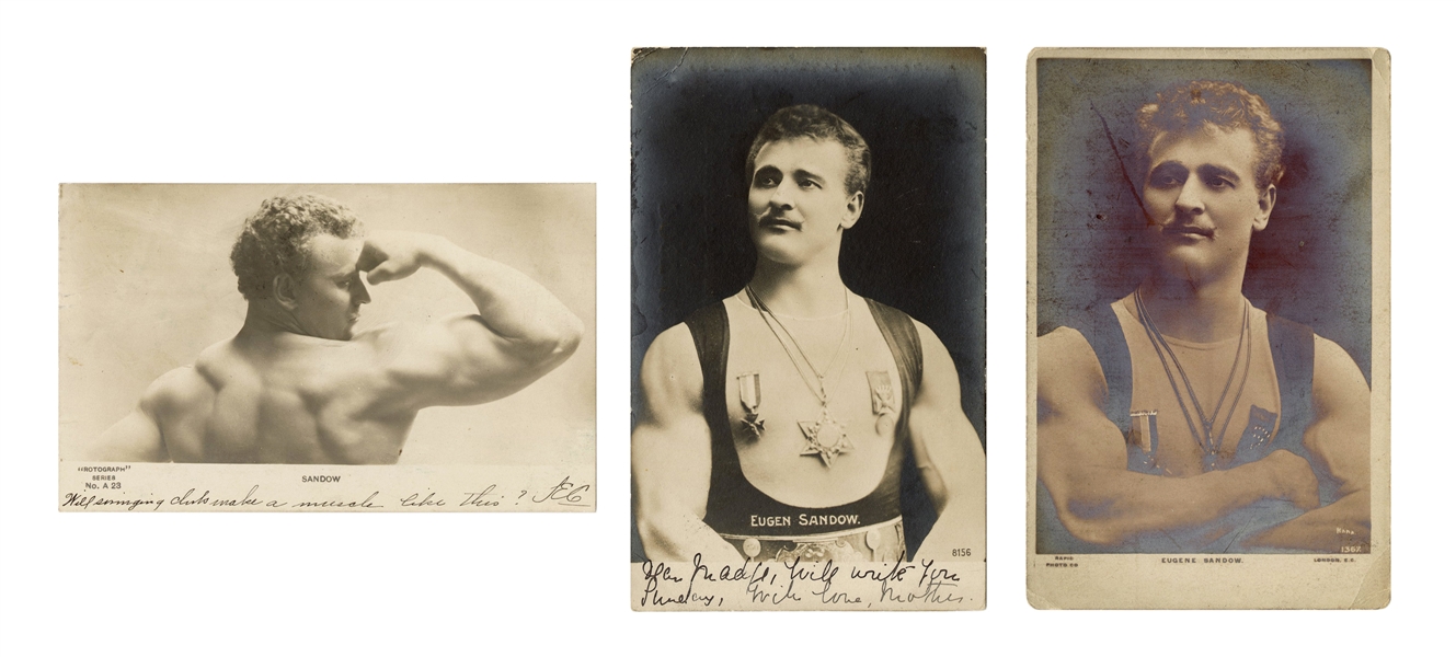  SANDOW, Eugen. Group of 3 Real Photo Postcards. Circa 1900s...