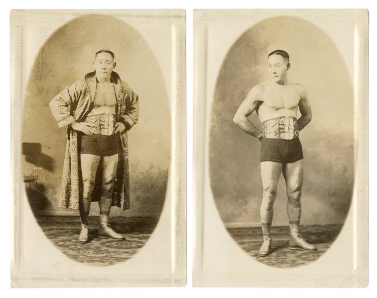  Pair of RPPCs of Japanese-American Strongman / Wrestler Mat...