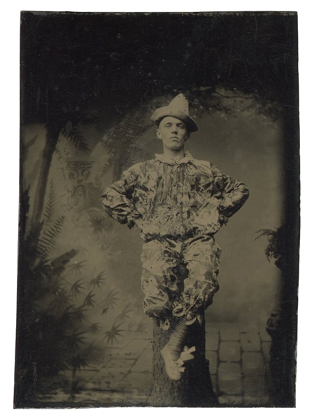  Sixth-Plate Tintype of a Clown. 19th Century. Depicting a m...