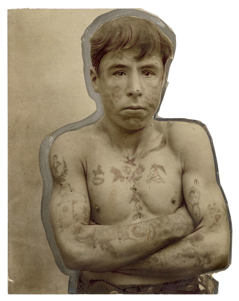  [TATTOO] Photograph of a Tattooed Man. Circa 1900s/10s. Sil...