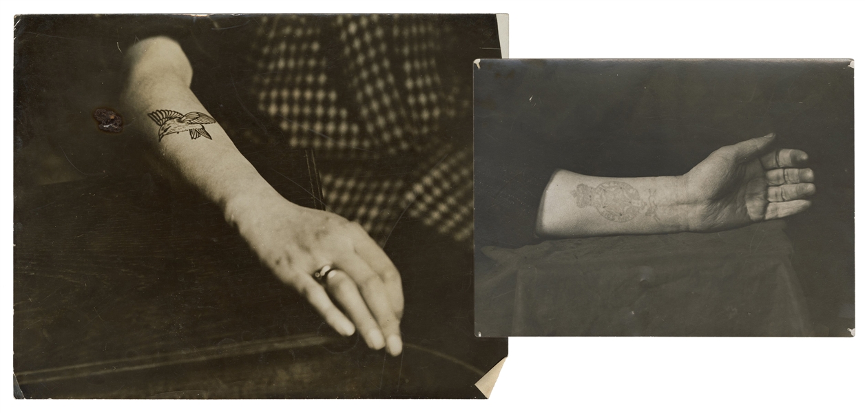  [TATTOO] Two Photographs of Forearm Tattoos. Circa 1900s/10...
