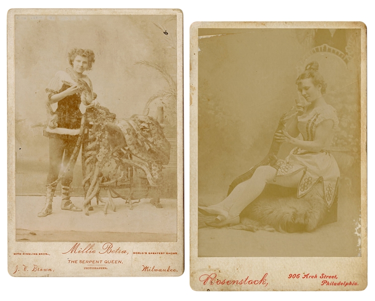  Pair of Female Alligator and Snake Charmer Cabinet Cards. I...