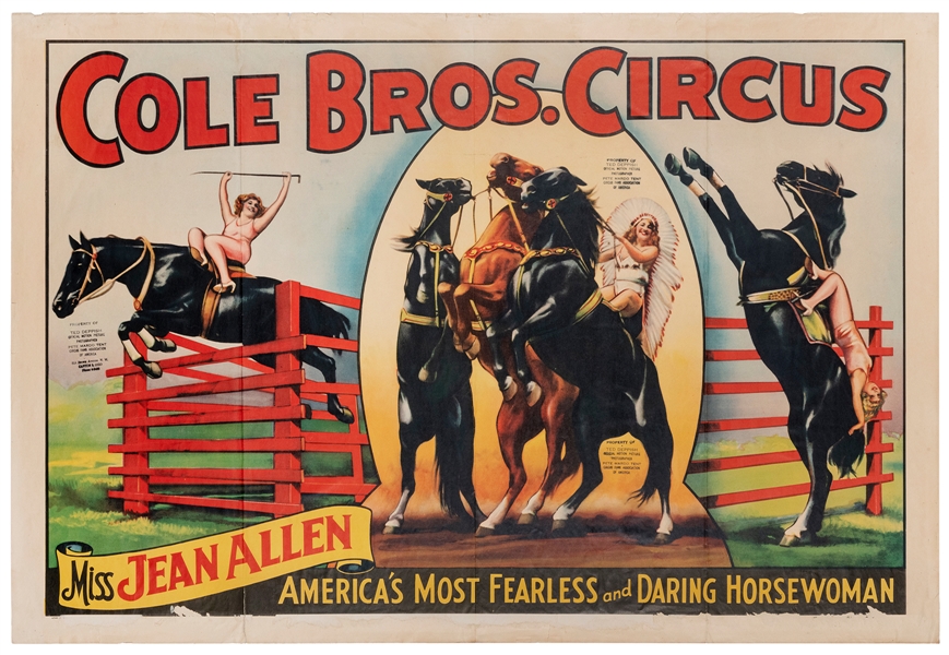  Cole Bros. Circus / Miss Jean Allen. Erie Litho, ca. 1930s....