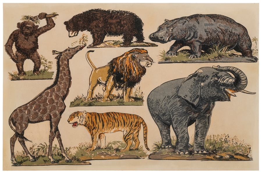  Jungle Animals Woodblock Print. N.p., early 20th century. U...