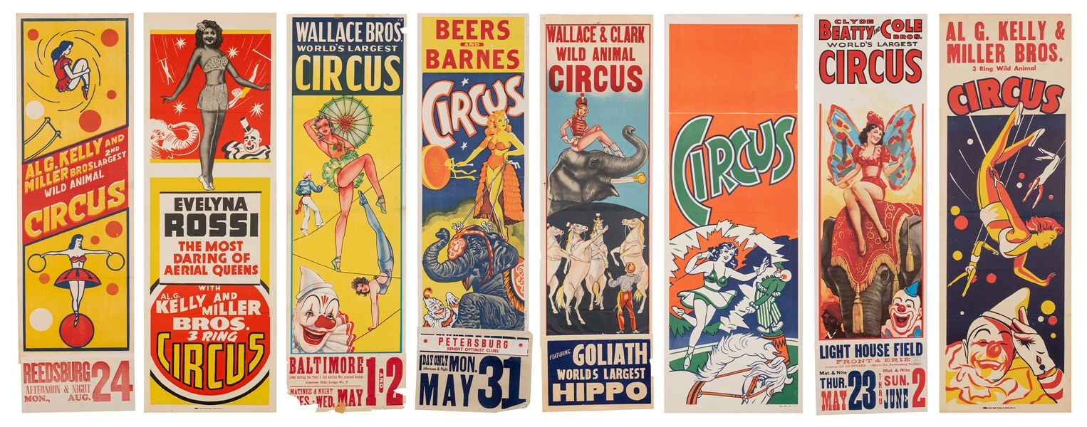  Lot of 8 Circus Streamer Posters. American, ca. 1950s/60s. ...